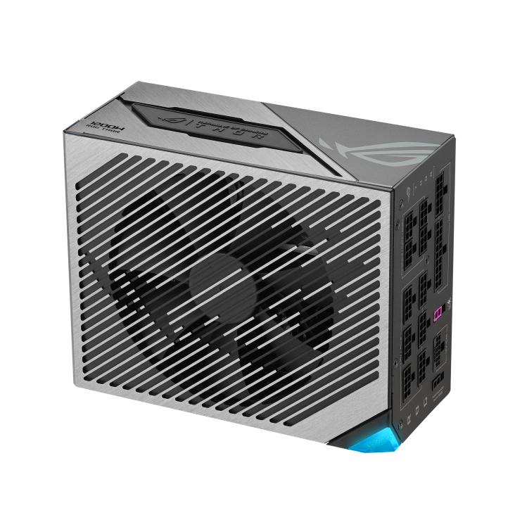 ROG Thor 1200W Platinum III with ROG Equalizer upright angle showing the top and right side 