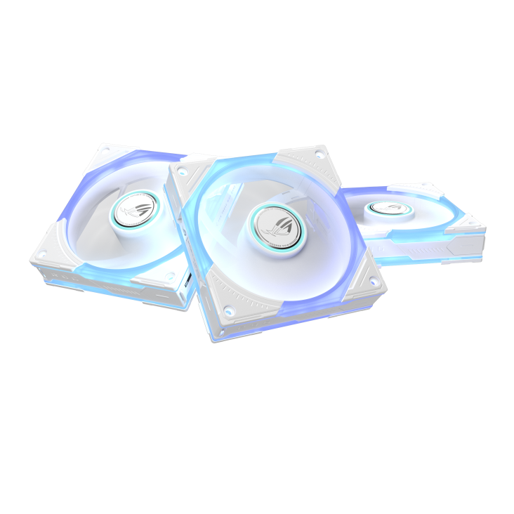 Three ROG Eurux GR120 ARGB Fan reverse blade Triple pack White featuring three lighting zones with white and red ARGB light and sleek white frame for custom computer builds