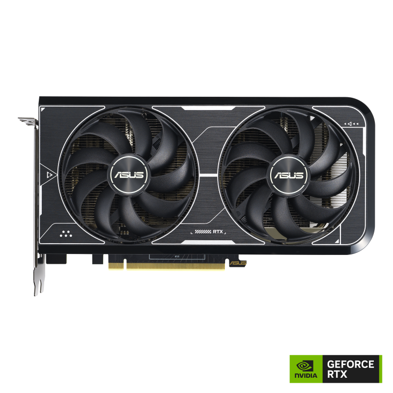 Front side of the ASUS Dual GeForce RTX 3060 Ti OC edition graphics card with NVIDIA logo