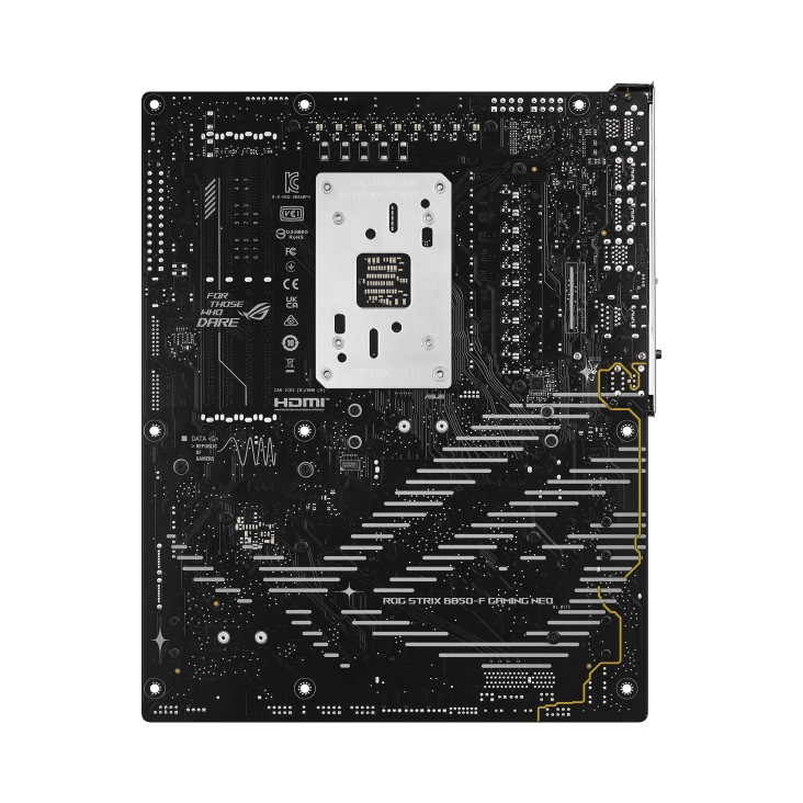 Back view of the ROG Strix B850-F Gaming WiFi 7 Neo motherboard PCB featuring a printed ROG logo design