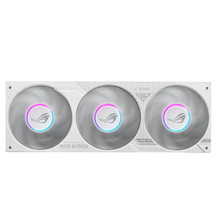 ROG Strix SLC IV 360 ARGB LCD White Edition – straight-on front view of the three fans only, radiator top edge visible, no tubing or pump