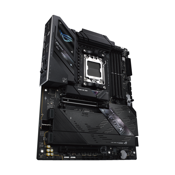 Side angled view of the ROG Strix B850-F Gaming WiFi 7 Neo motherboard 