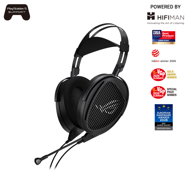 The front view of ROG Kithara angled from right with Playstation and HIFIMAN logo 