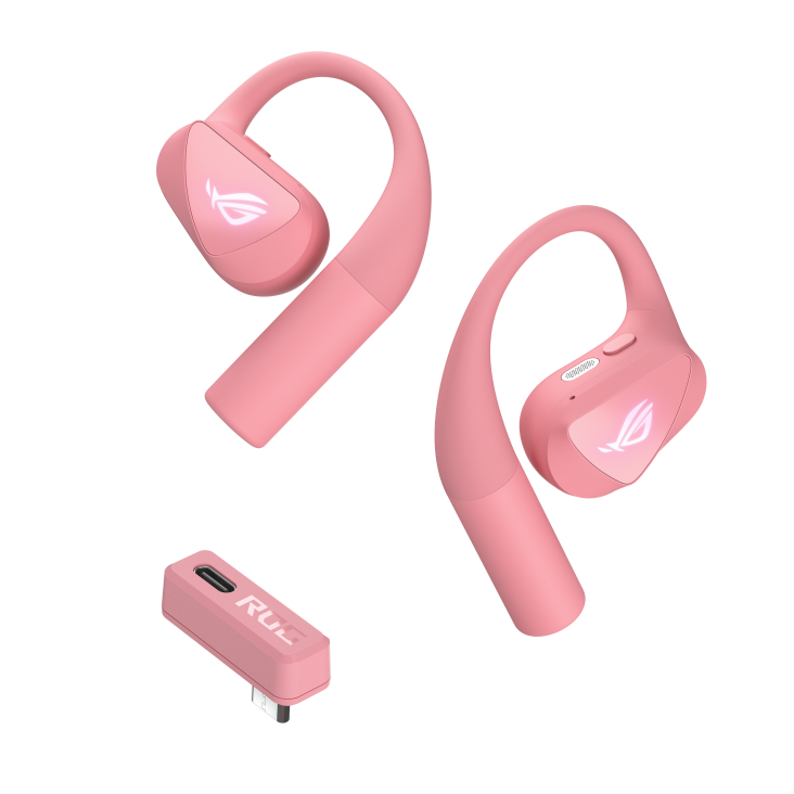 ROG Cetra Open Wireless gaming earbuds in Dusk Pink with USB-C dongle.