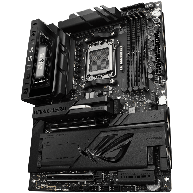 ROG CROSSHAIR X870E Dark Hero front view, tilted 45 degrees