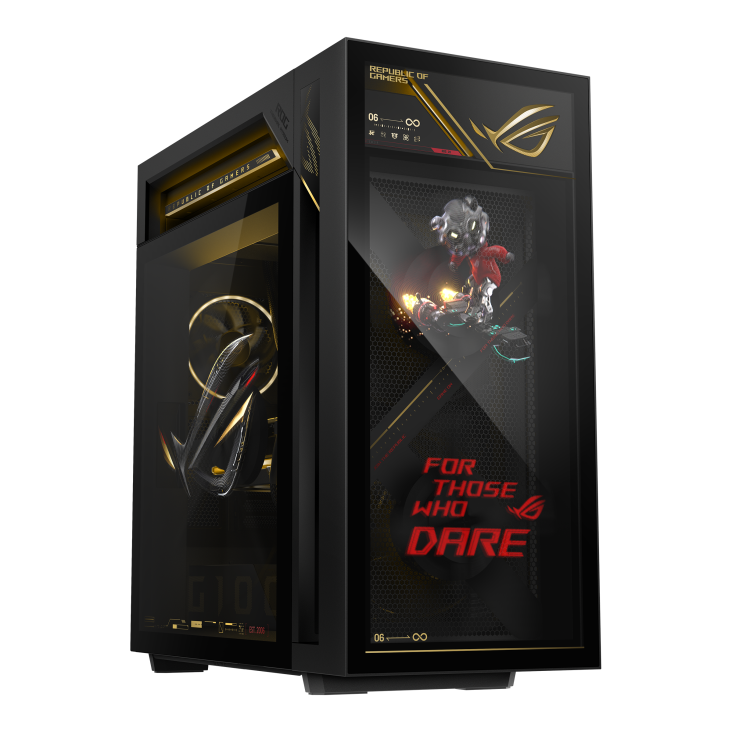 ROG G1000 (2026) GM1000 edition A hovering ROG logo is projected from the fan, with a joystick on the left glass
