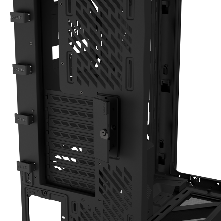 Rear-angle view of ROG Cronox Dual TG Black with patented graphics card slot clamp and cable clips