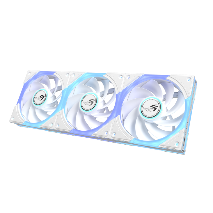 Angled view of the triple ROG Eurux GR120 ARGB fans reverse blade, showcasing the white frame, red and white ARGB ring illumination, and anti-vibration rubber corner pads