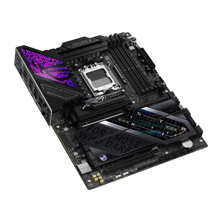 ROG STRIX X870E-E GAMING WIFI7 NEO top view, angled 45 degrees to the left