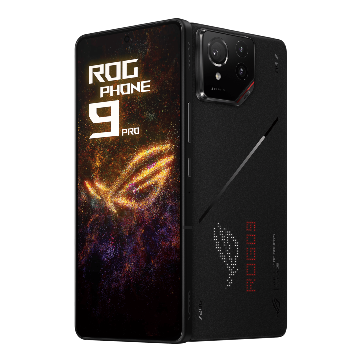 Two ROG Phone 9 Pro Phantom Black angled view from both front and back, tilting at 45 degrees.