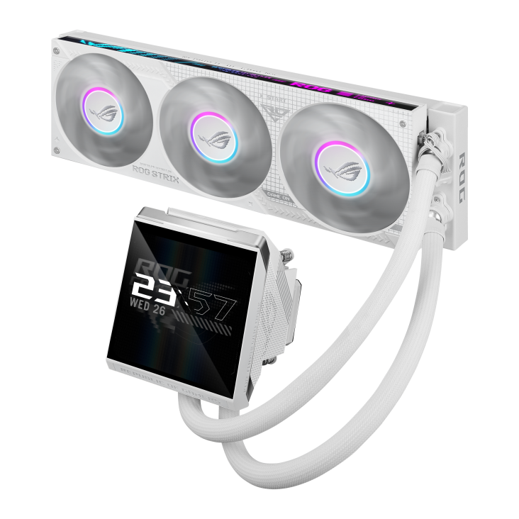 ROG Strix LC IV 360 ARGB LCD White Edition – side-angled view highlighting the LCD pump block with a time display and tubing