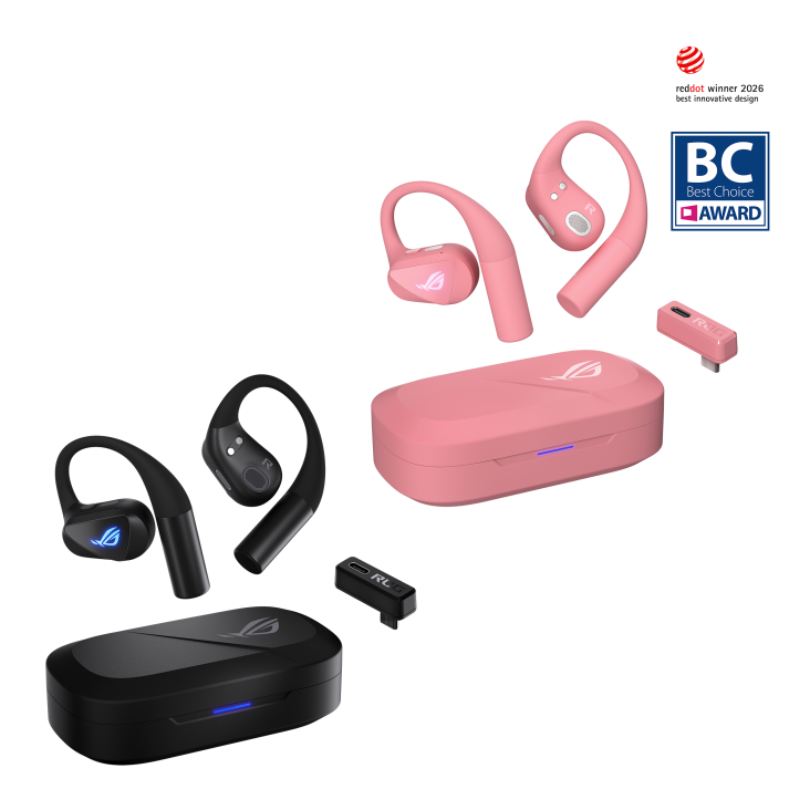 ROG Cetra Open Wireless gaming earbuds in Dusk Pink and Black with charging case and USB-C wireless dongle