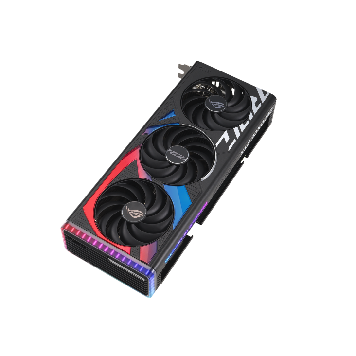 ROG Strix GeForce RTX 4070 SUPER graphics card highlighting the axial-tech fans and ARGB element