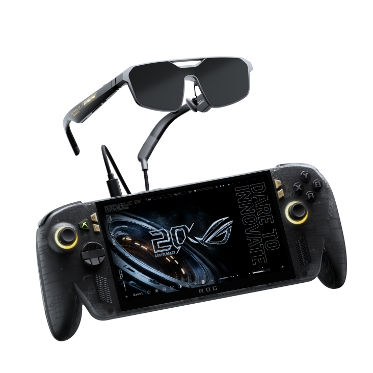 ROG smart glasses with gold Republic of Gamers branding and Bose open-ear audio, connected via cable to a black ROG Xbox Ally handheld displaying a 20th Anniversary ‘Dare to Innovate’ screen.