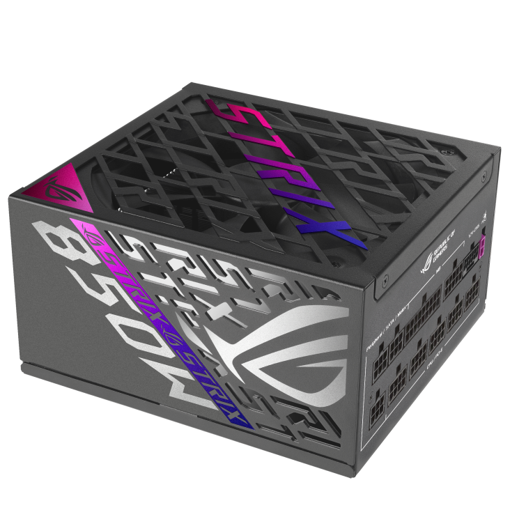 Top-down angle of ROG Strix 850W Platinum with purple customized sticker attached