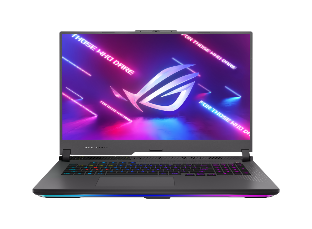 Front shot of the Strix G17 with the ROG Fearless Eye logo on screen and per-key keyboard visible