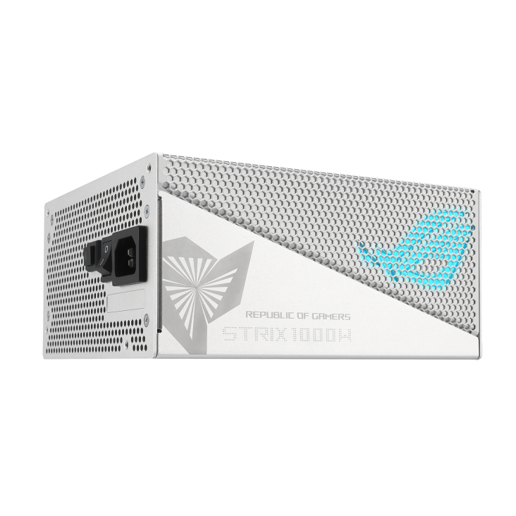 Rear-side angle of ROG Strix 1000W Gold Aura Snow Edition