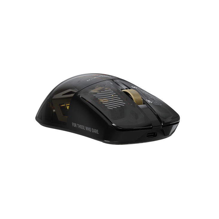 an angled frontal view to the right of the ROG Harpe II Extreme Edition 20 gaming mouse