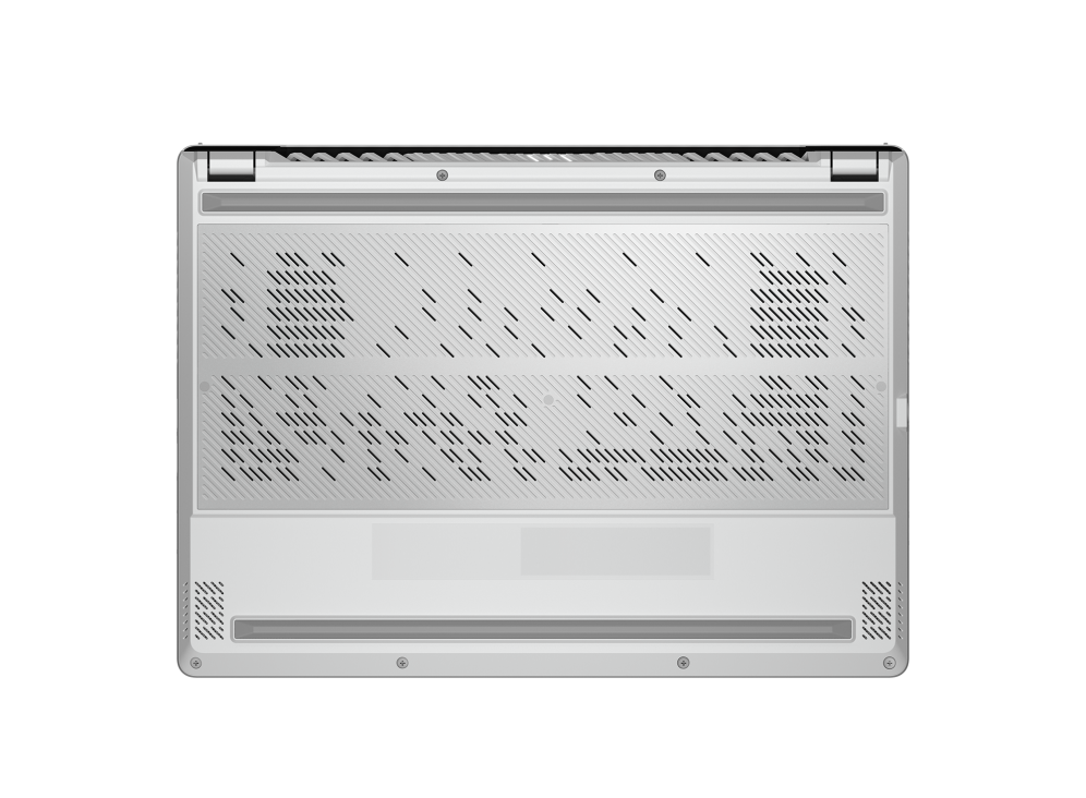 View of the bottom side of the Moonlight White Zephyrus G14, with a clear view of the air intakes