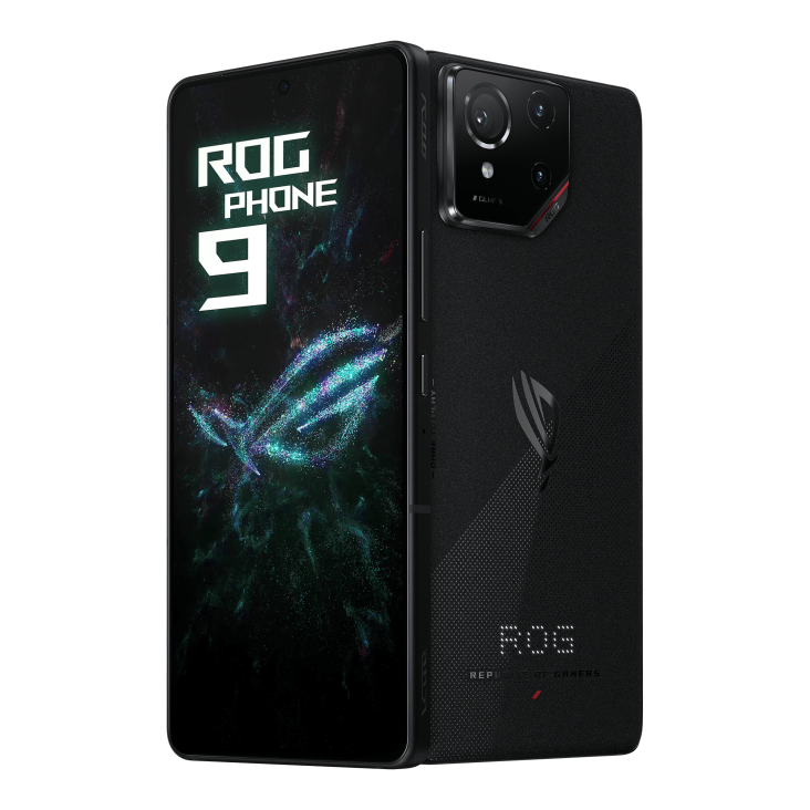 Two ROG Phone 9 Phantom Black angled view from both front and back, tilting at 45 degrees.