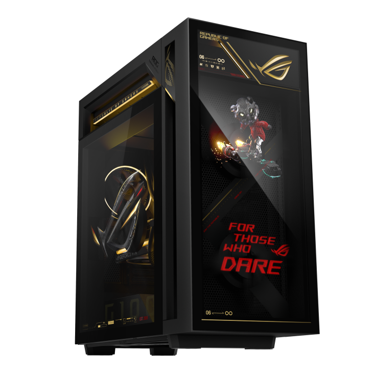 ROG G1000 (2026) GM1000 Edition 20 A hovering ROG logo is projected from the fan, with a joystick on the left glass