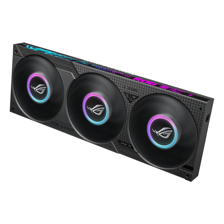 ROG Strix SLC IV 360 ARGB LCD – three-quarter high-angle view of the radiator and three fans, tightly cropped with tubing out of frame