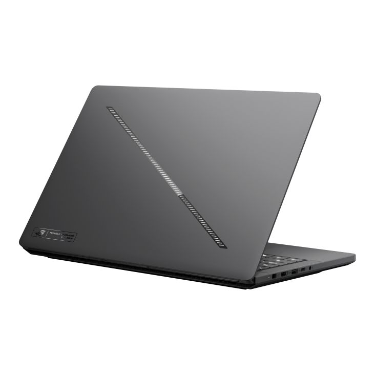 13_2026 Zephyrus G14 Off center view of the rear of the Zephyrus G14, with emphasis on the Slash Lighting