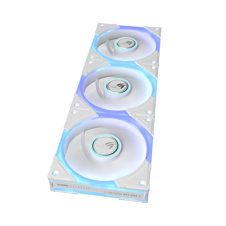 High-angle top view of the ROG Eurux GR120 ARGB fans reverse blade, displaying the detailed pattern on the central hubs and the sweep of the blades under red and white lighting
