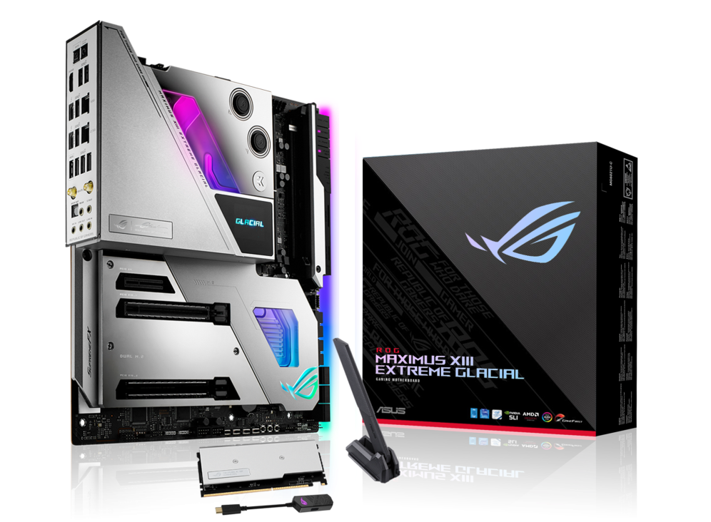 ROG Maximus XIII Extreme Glacial angled view from left with the box