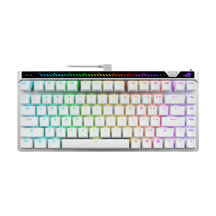White ROG Falchion Ace 75 HE front view with RGB lighting on