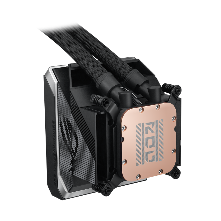 ROG Strix SLC IV 360 ARGB LCD – three-quarter angled view of the pump and LCD block only, copper coldplate with engraved logo, tubes exiting the top