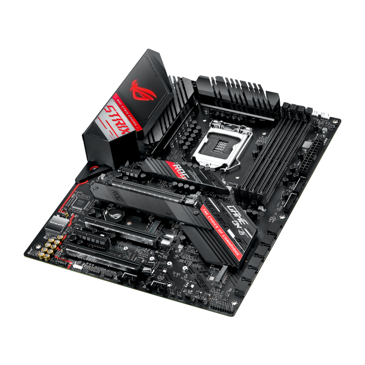 ROG STRIX Z490-H GAMING top and angled view from right