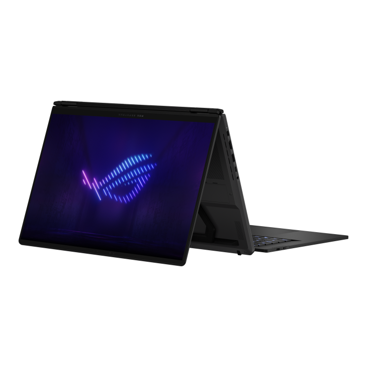 15_ROG Zephyrus DUO 16 (2026) in tent mode with glowing logo on the display