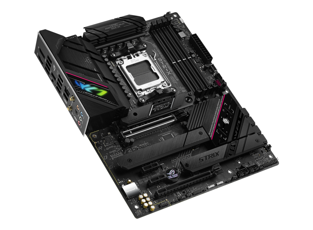 ROG STRIX B650E-F GAMING WIFI top and angled view from left