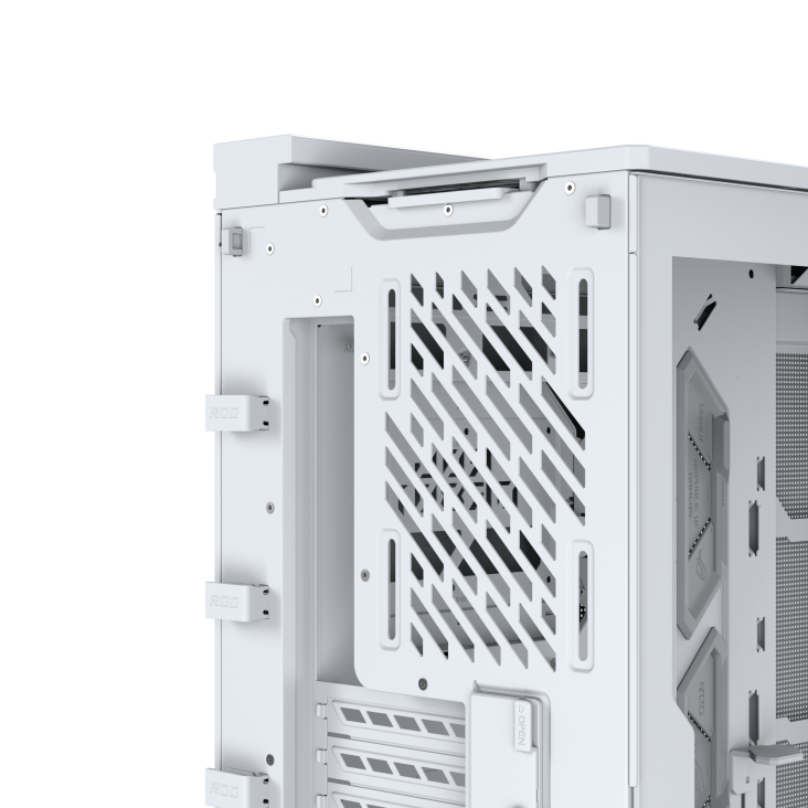 Rear-angle view of ROG Cronox Dual TG White with top fan mounting space