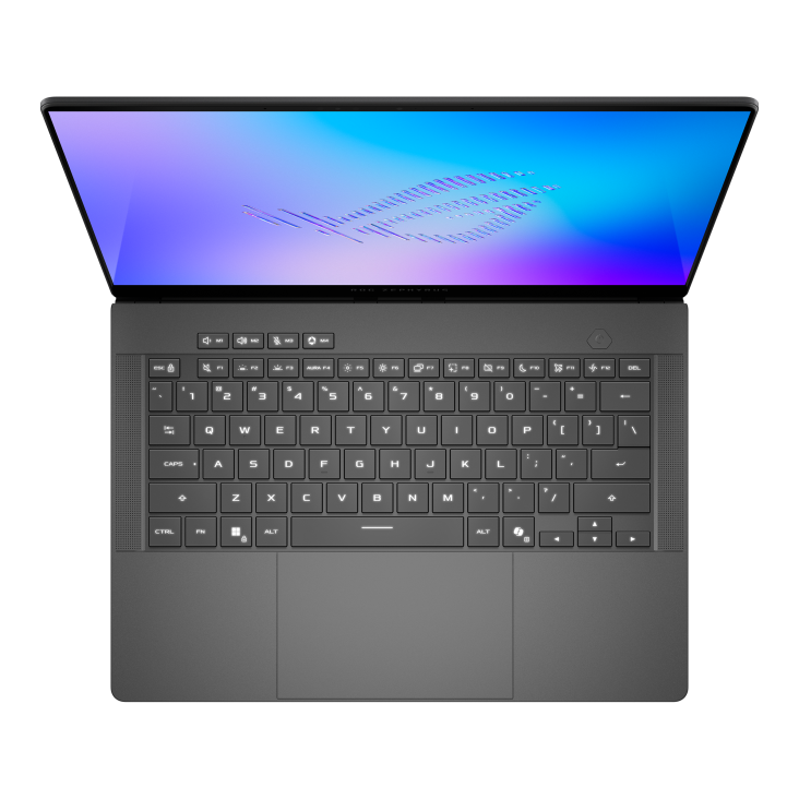 03_2026 Zephyrus G14 Top down view of the Zephyrus G14, with the ROG Fearless Eye logo on screen and the keys illuminated with white backlight