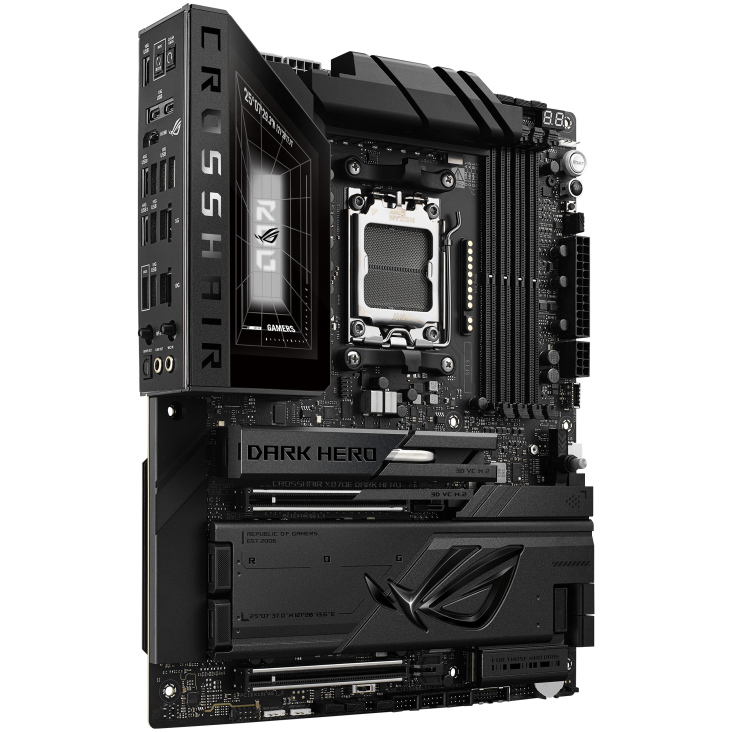 ROG CROSSHAIR X870E Dark Hero front view, 45 degrees