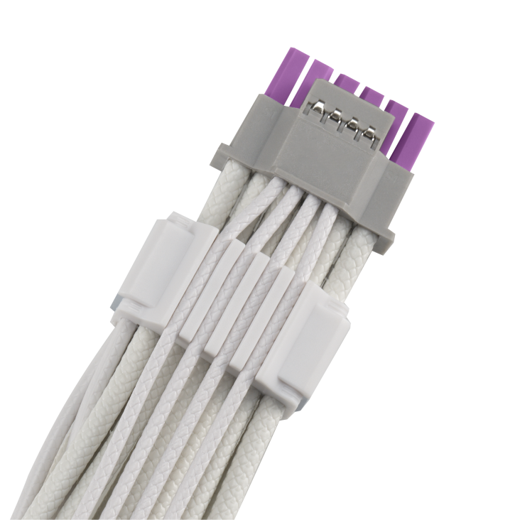 ROG Equalizer White Edition, back view close-up of the ROG eye logo module, showing purple connecter and white etched cables.
