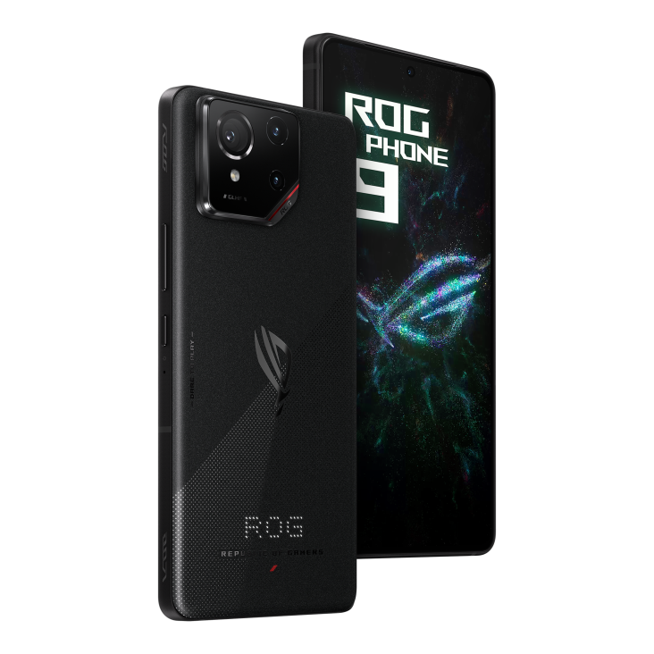 Two ROG Phone 9 Phantom Black angled view from both front and back, tilting at 45 degrees.