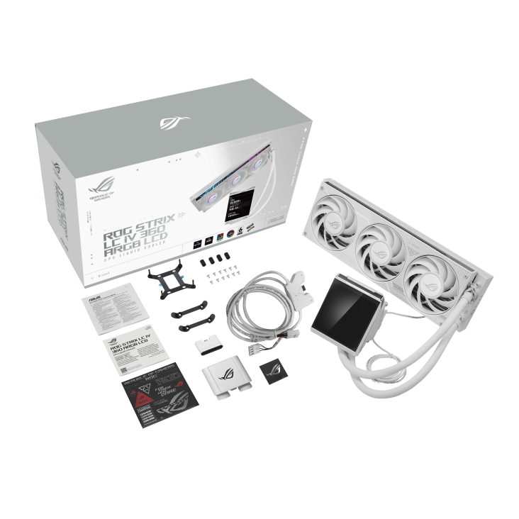 ROG Strix LC IV 360 ARGB LCD White Edition – full unboxed kit flat-lay showing the packaging box, radiator, fans, LCD block, cables, and accessories