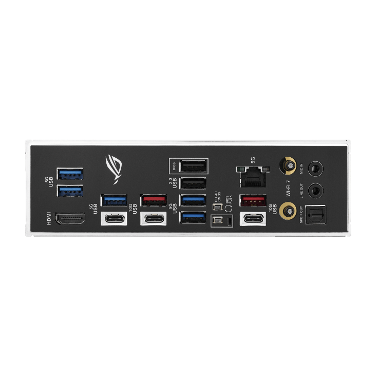 Close-up of the Rear I/O panel showing USB ports, HDMI, DisplayPort, BIOS FlashBack button, and audio jacks