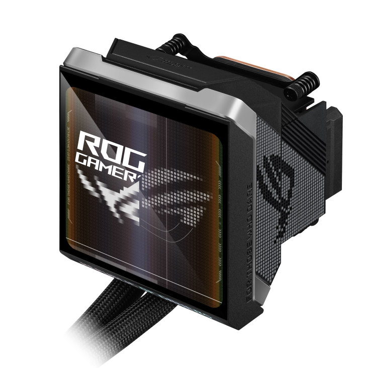 ROG Strix LC IV 360 ARGB LCD – pump and LCD block only, top-front angle with the tilted screen showing a wallpaper graphic and mesh side panel