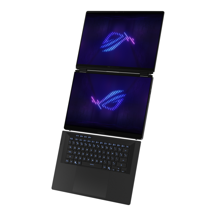 10_Top right side vieww of ROG Zephyrus DUO 16 (2026) dual-screen gaming laptop with illuminated ROG logo