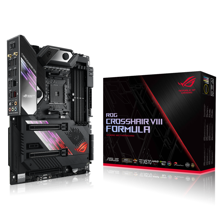 ROG Crosshair VIII Formula angled view from left with the box