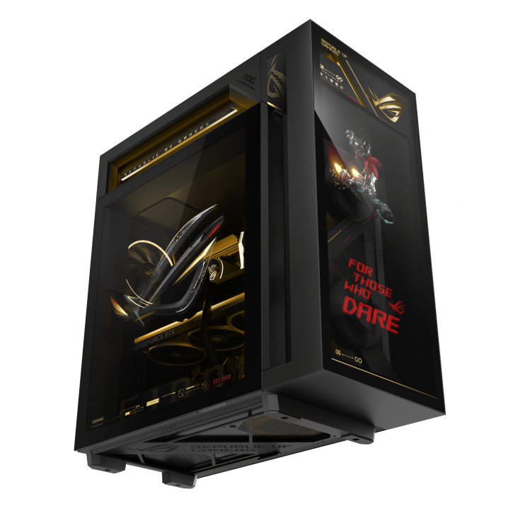 ROG G1000 (2026) GM1000 edition 20 A hovering ROG logo is projected from the fan, with a joystick on the left glass