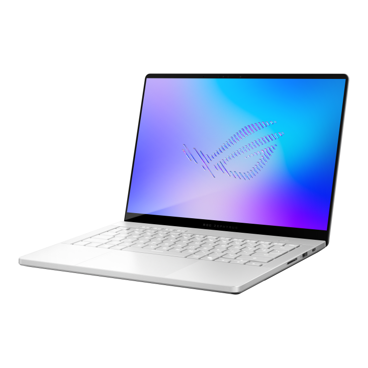 10_2026 Zephyrus G14 Off center shot of the front of the Zephyrus G14, with the ROG Fearless Eye logo on screen