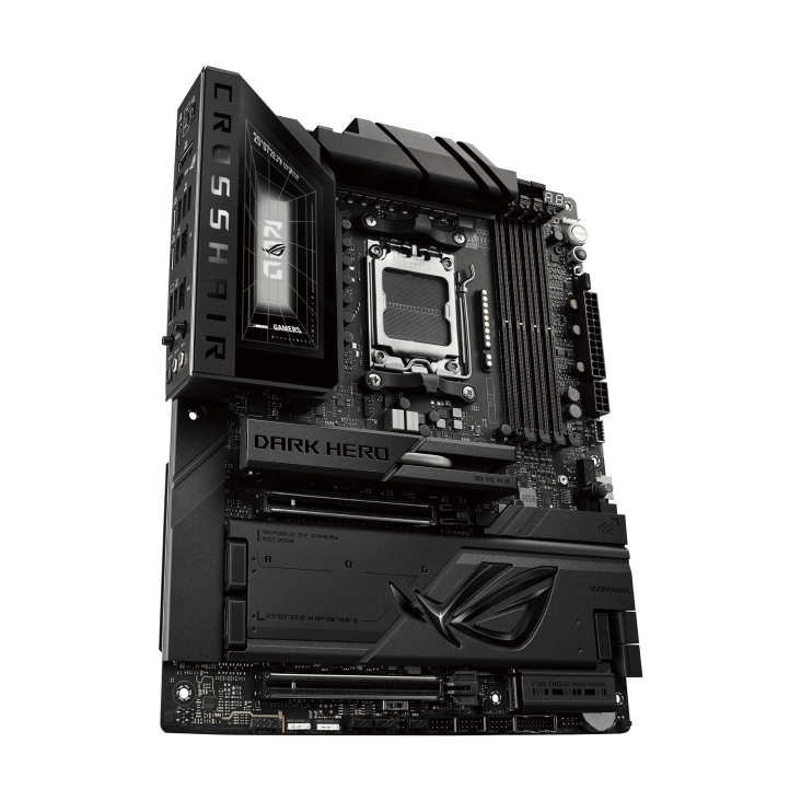 ROG Crosshair X870E Dark Hero front view, tilted 45 degrees