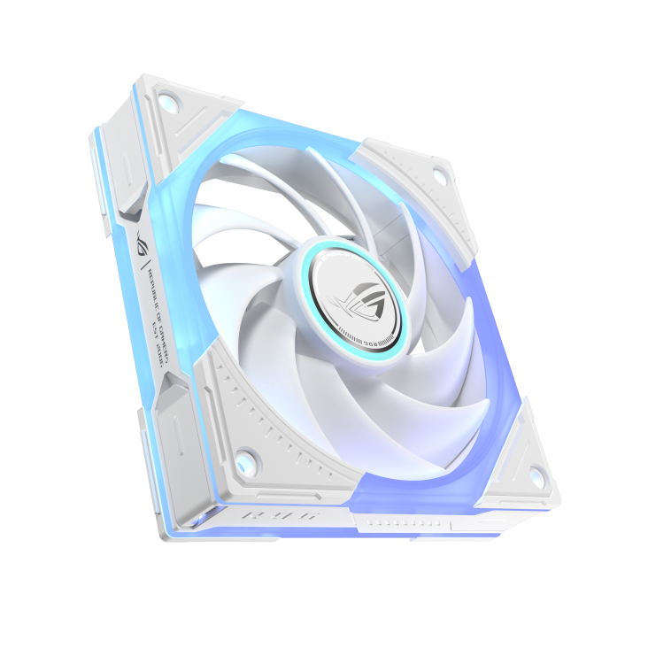 ROG Eurux GR120 ARGB Fan White hero angle with ARGB lighting and three independent lighting zones