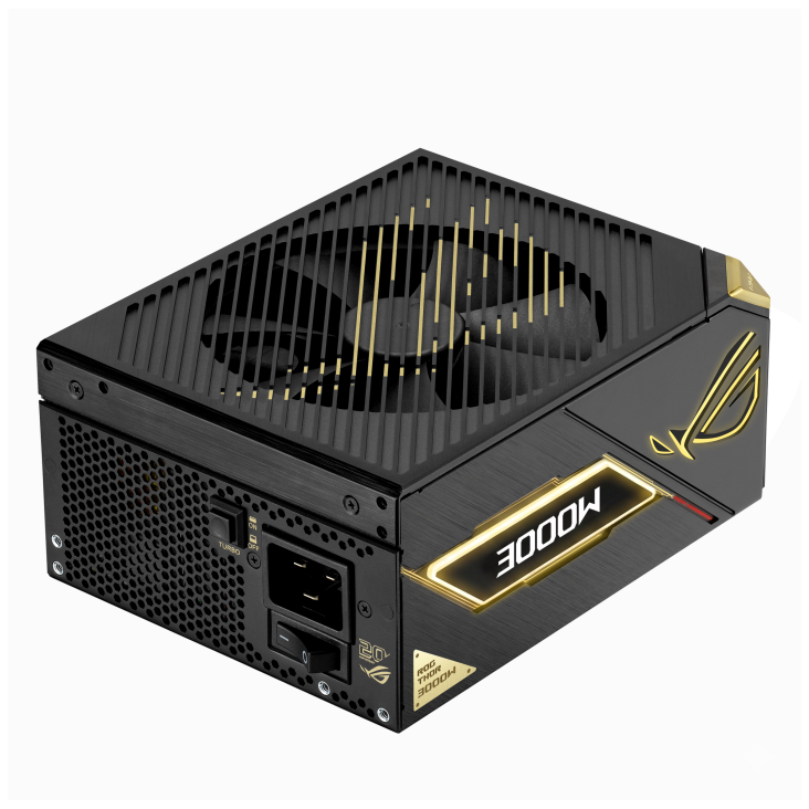 ROG Thor 3000W Titanium III Edition 20 top-down angle focuses on left and front side