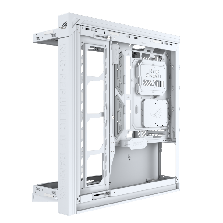 ROG Cronox Dual TG White right-side view showing the two internal cable routing paths